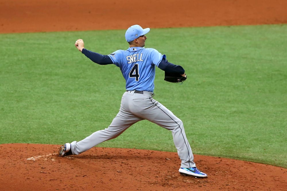 Blake Snell delivers a pitch during summer training camp.
