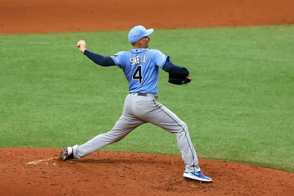 Blake Snell delivers a pitch during summer training camp.