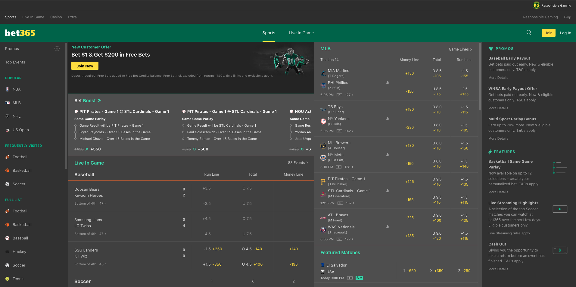 An image of the Bet365 desktop home page