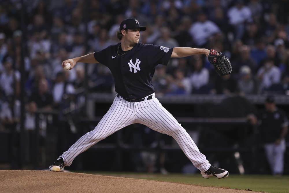 New York Yankees starting pitcher Gerrit Cole delivers a pitch.