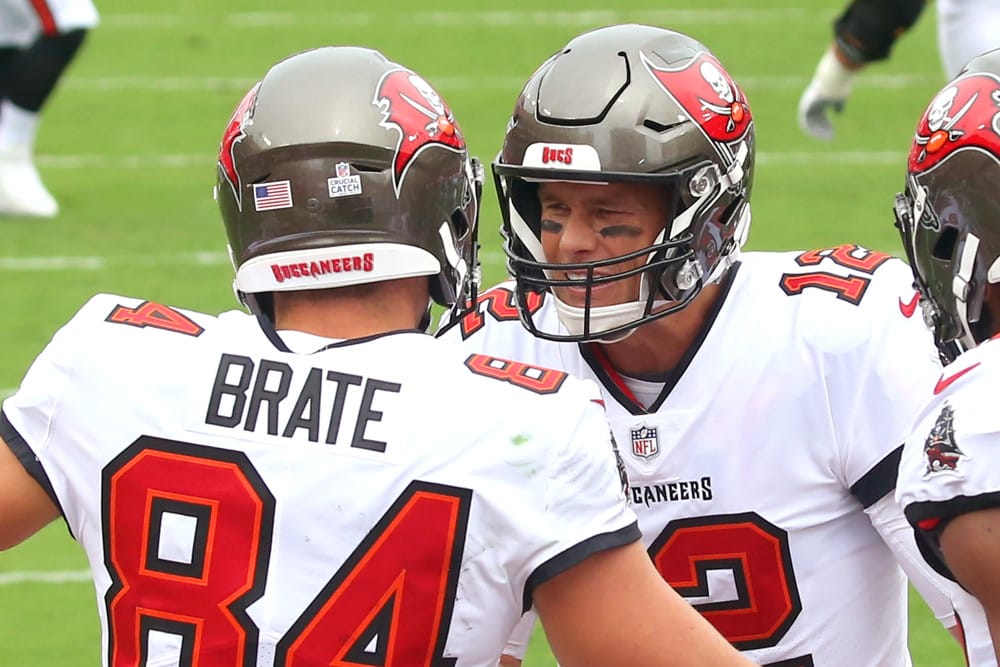 A picture of Tom Brady celebrating a touchdown with Cameron Brate. Will they comebine again to reach the Super Bowl?