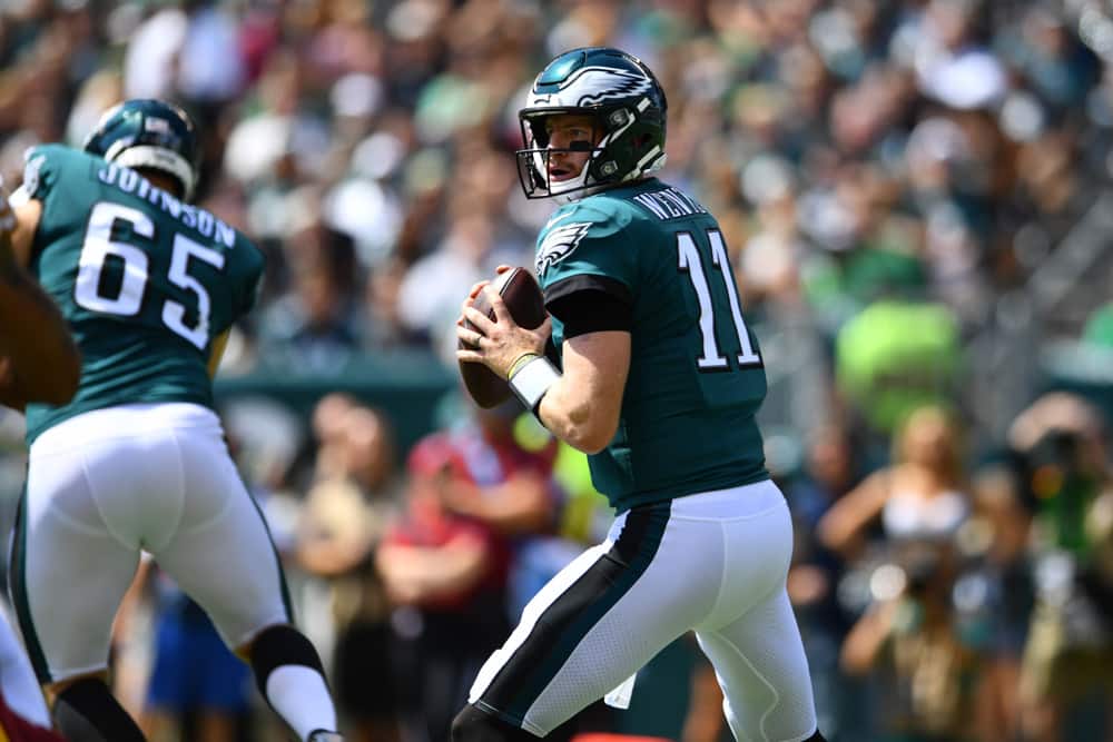 Philadelphia Eagles Quarterback Carson Wentz stands in the pocket in the first half during the game between the Washington Redskins and Philadelphia Eagles on September 08, 2019 at Lincoln Financial Field in Philadelphia, PA.