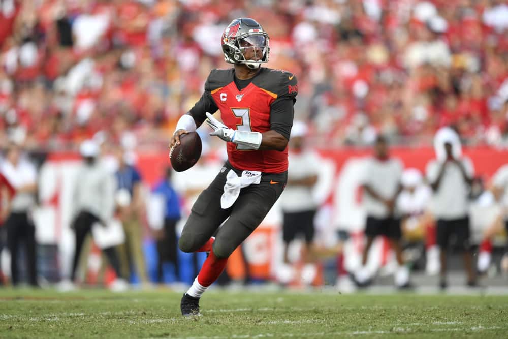 SEPTEMBER 08: Tampa Bay Buccaneers quarterback Jameis Winston rolls right during the second half of the season opener between the San Francisco 49ers and the Tampa Bay Bucs on September 08, 2019, at Raymond James Stadium in Tampa, FL.