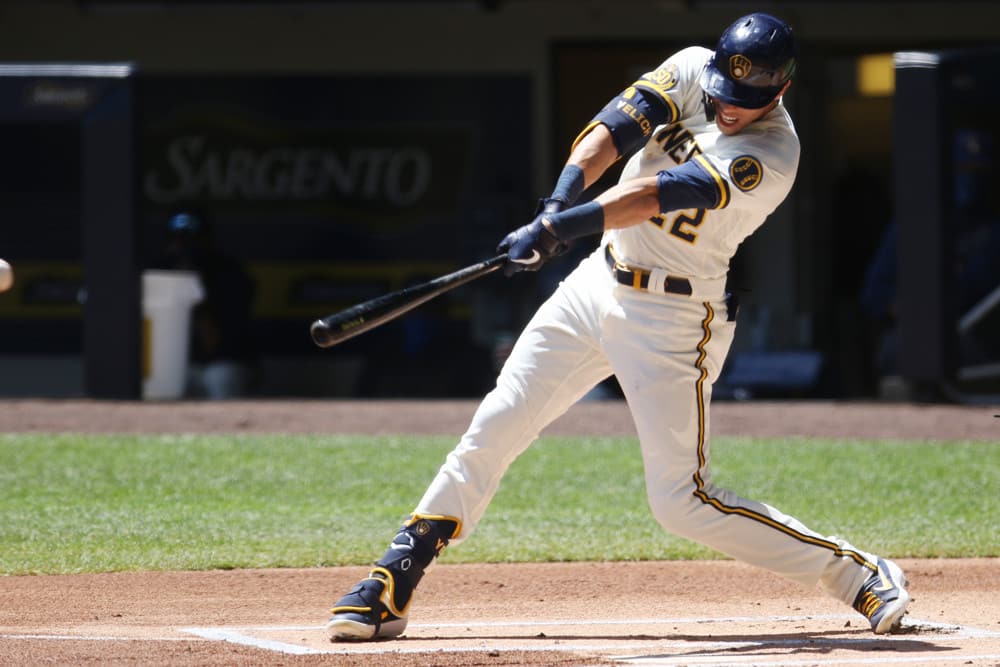 Milwaukee Brewers right fielder Christian Yelich hits a ball during Milwaukee Brewers Summer Camp
