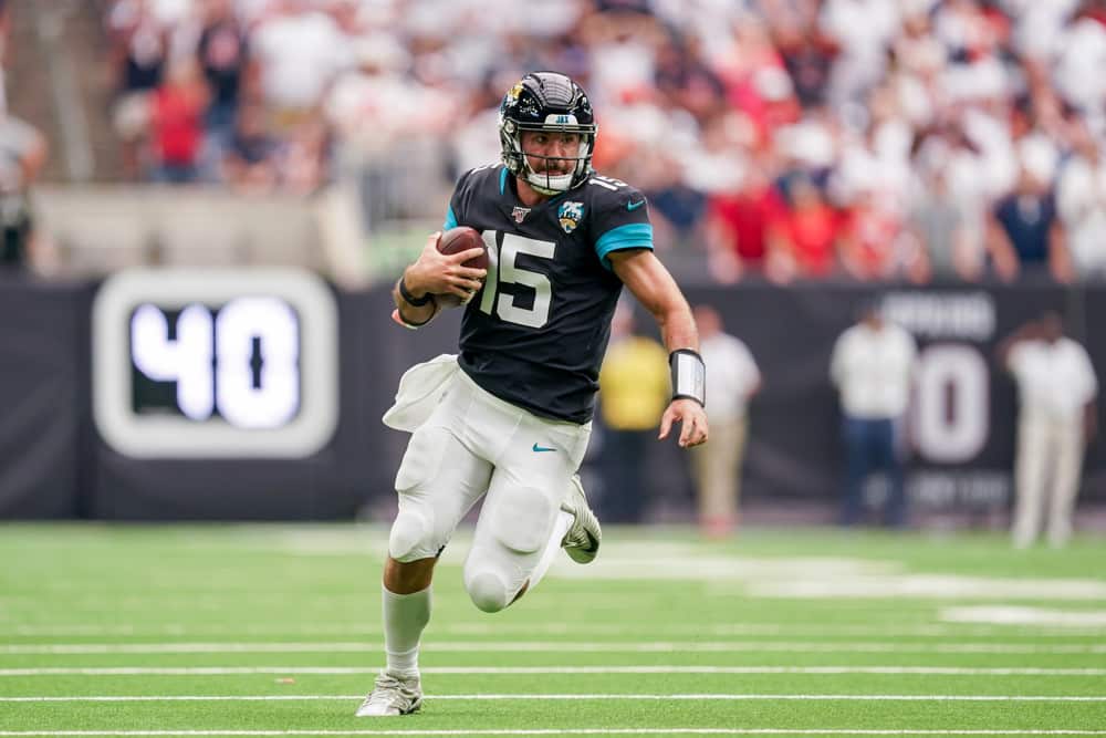 Jacksonville Jaguars quarterback Gardner Minshew (15) runs the ball during the football game between the Houston Texans and Jacksonville Jaguars at NRG Stadium on September 15, 2019 in Houston, Texas.